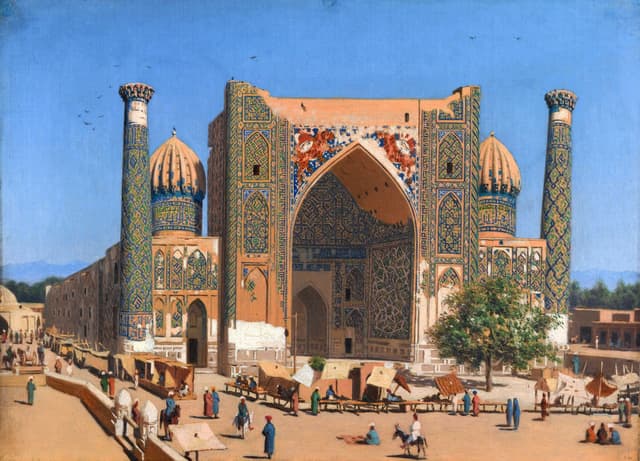 Shir Dor madrasah in Registan Square in Samarkand, 1869 - 1870, Oil on canvas